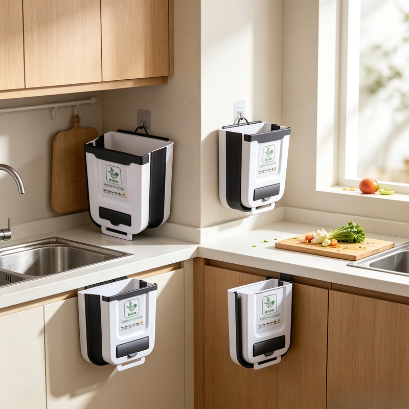 Commercial Kitchen Bin - 壁掛け式スリム折りたたみ式10Lプラスチック製ゴミ箱、ゴミ袋固定デザイン付き吊り下げ式ゴミ箱（キッチン・バスルーム・キャビネット用）