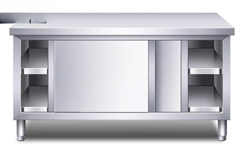 Commercial Kitchen Worktops - キッチンコンソール ステンレス製ワークトップ スライドドア付きまな板ロッカー カッティングテーブル 業務用レストラン向け