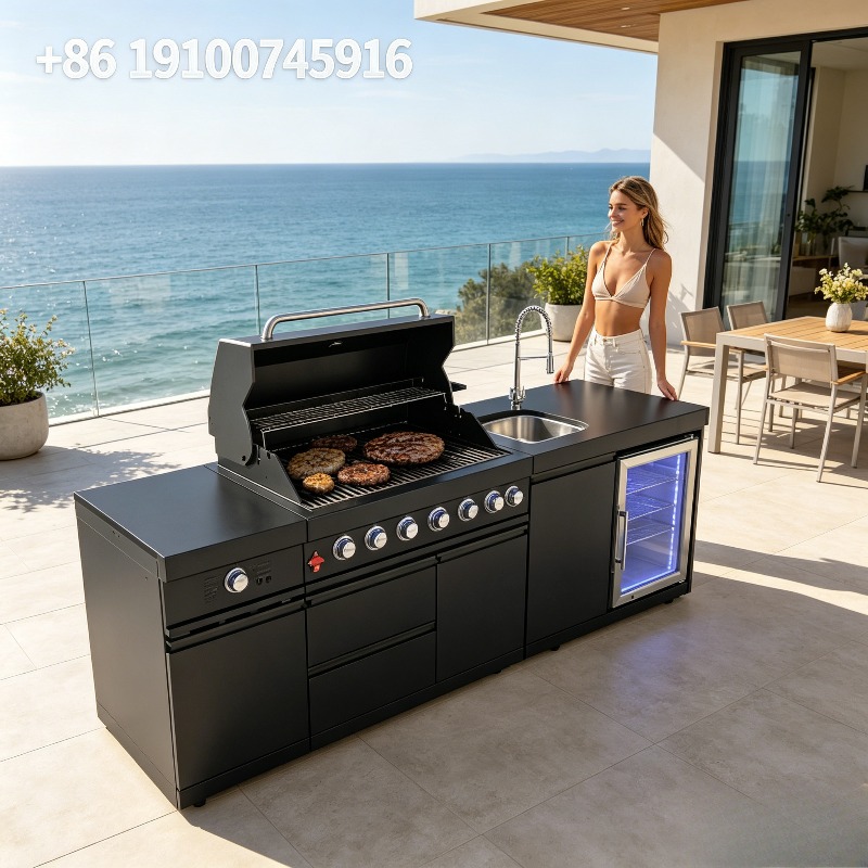 Commercial Kitchen Worktops - 2026年最新業務用屋外キッチン、ホテルの屋外ケータリング用ステンレス製BBQグリル（冷蔵庫＆ワークトップ付き）